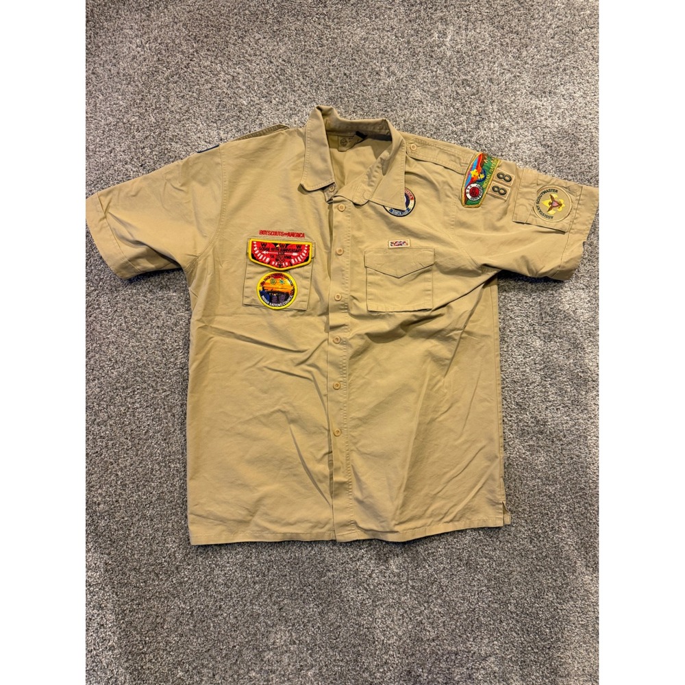 BSA Uniform Shirt Mens Large Tan Indian Nations Council Patches Boy Scouts